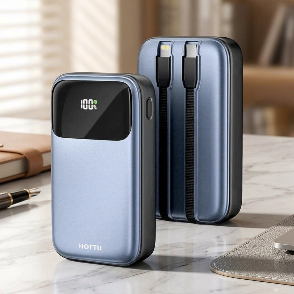 HOTTU HT09 Mini Surge Power Bank – 10000mAh, 22.5W Fast Charging & Built-in Cables