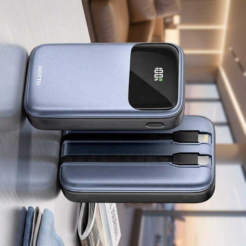 HOTTU HT09 Mini Surge Power Bank – 10000mAh, 22.5W Fast Charging & Built-in Cables